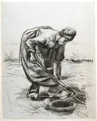 農民の女性、ジャガイモを掘り、バスケット付き